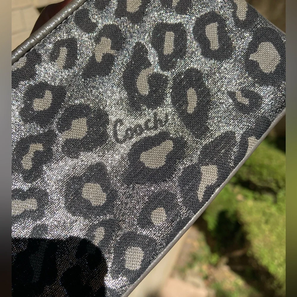 Coach Metallic Silver Glitter Sparkle Leopard Print Zipper Pouch Wristlet Wallet